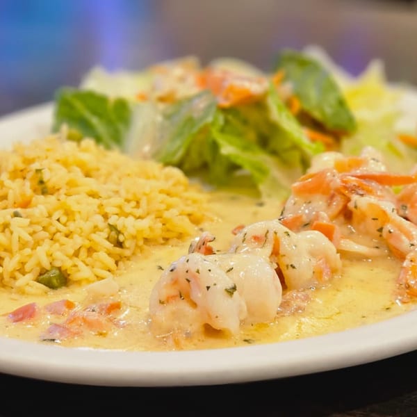 Shrimp in creamy sauce with rice and a side salad on a white plate.